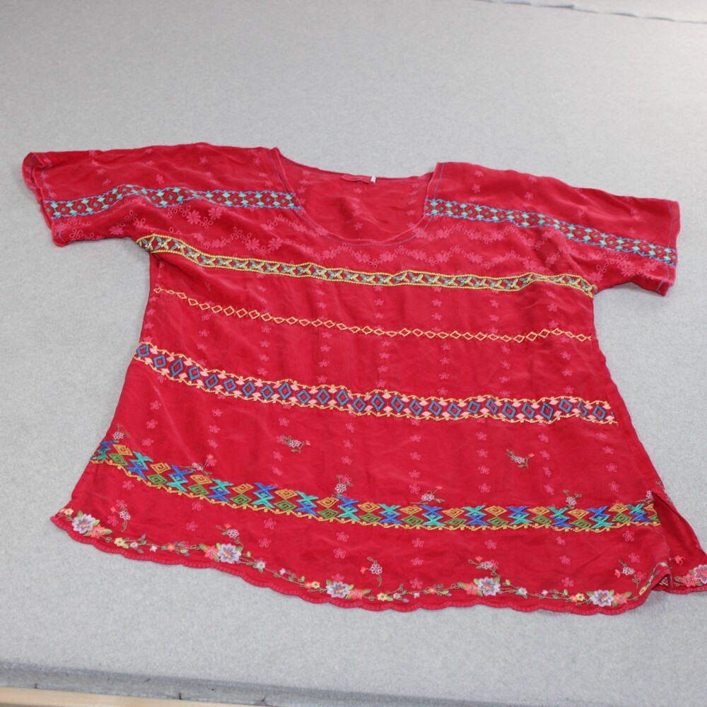 Johnny Was Shirt Women Large Red Embroidered Tunic Sheer Boho Scallop Hem READ